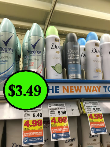 Dove or Degree Dry Spray Deodorant - $3.49 After Coupon at Kroger