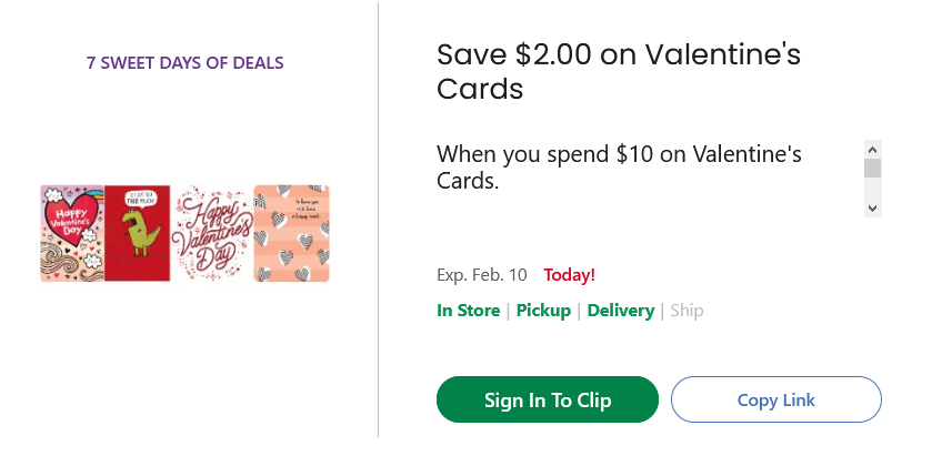 7 Sweet Days of Deals - $2 Off Valentine's Cards